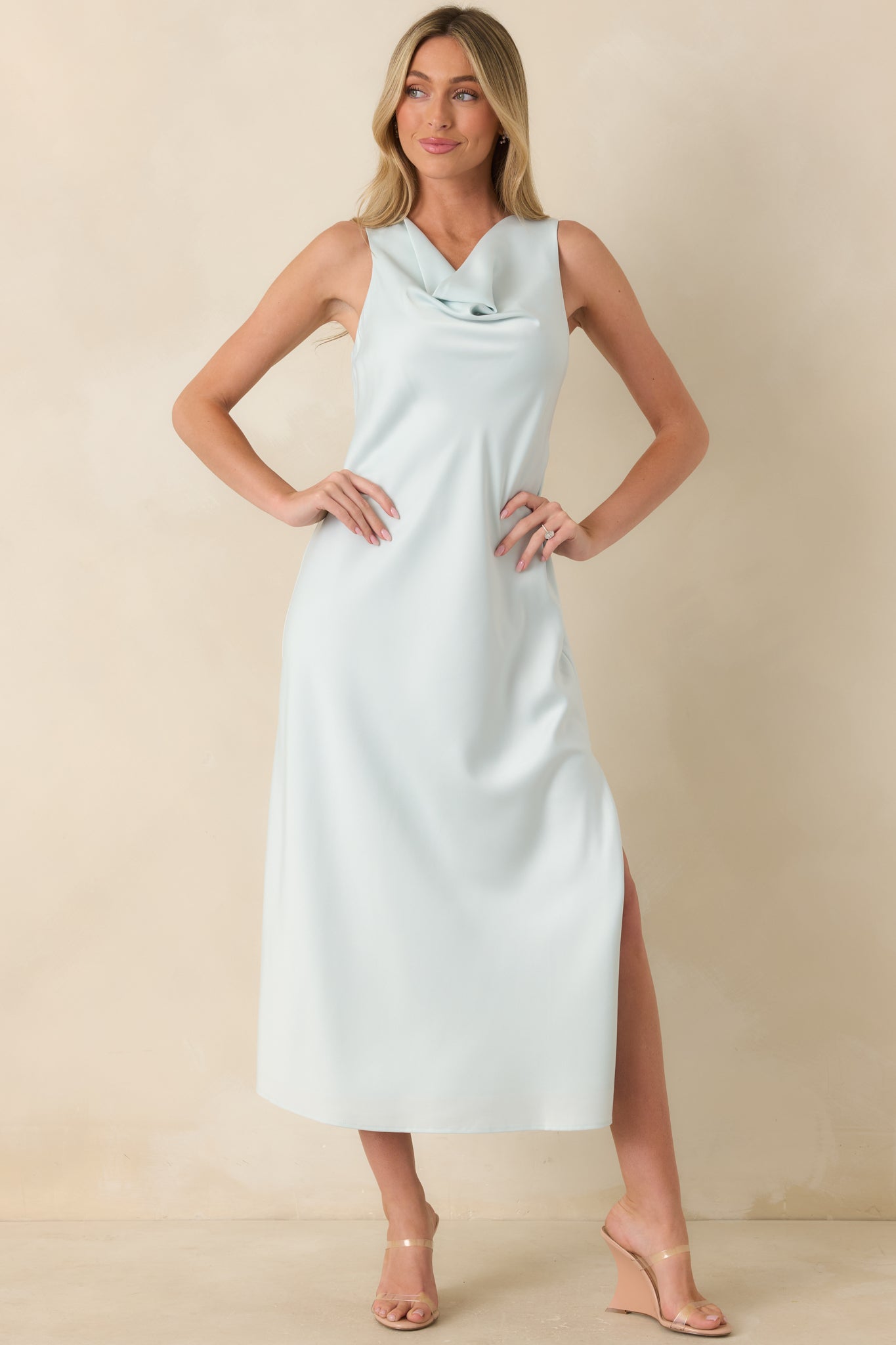 The Moment Is Ours Sky Blue Satin Finish Midi Dress