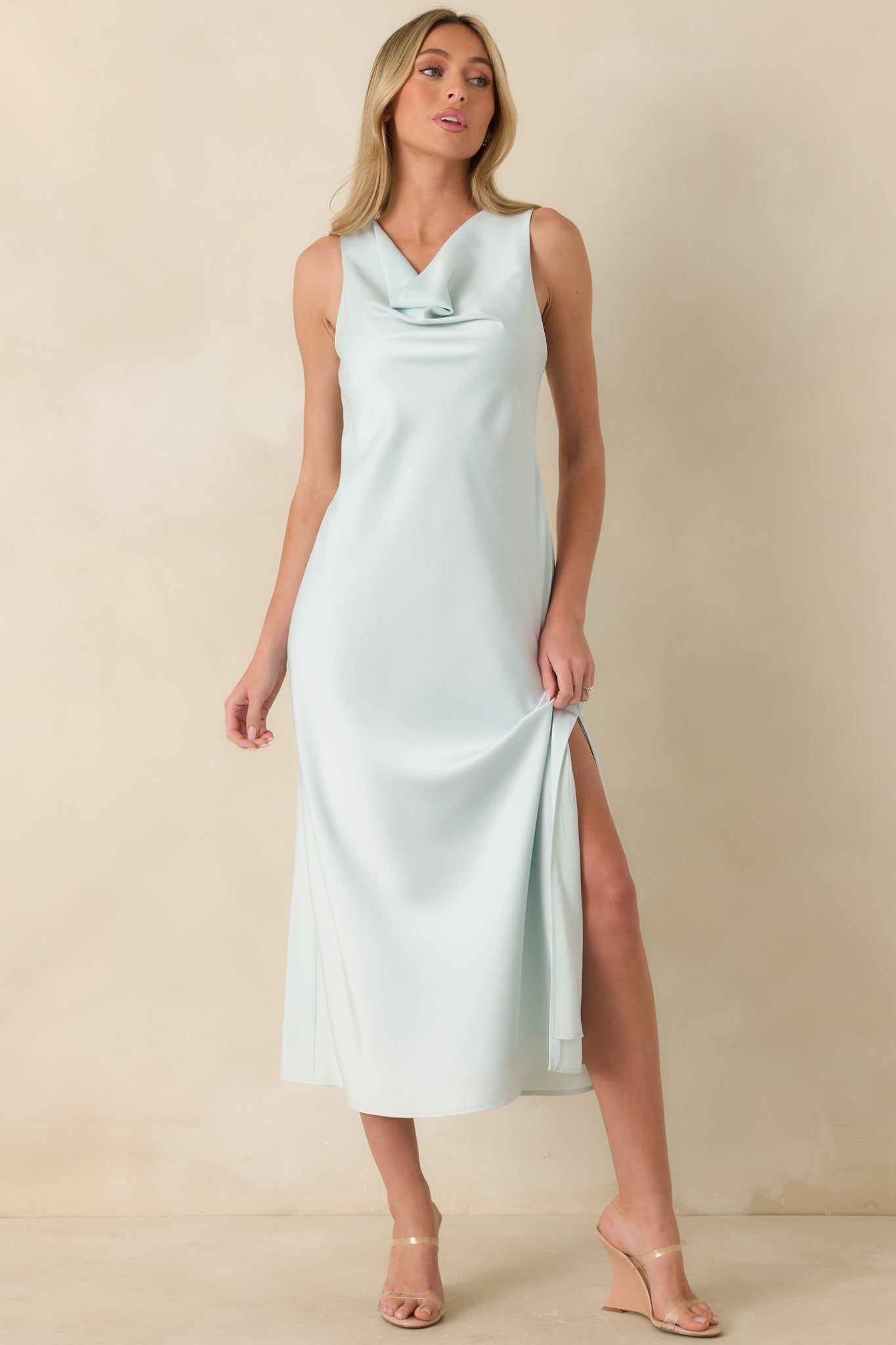 The Moment Is Ours Sky Blue Satin Finish Midi Dress