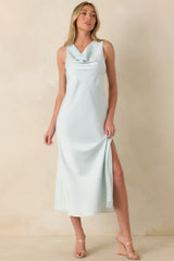 The Moment Is Ours Sky Blue Satin Finish Midi Dress