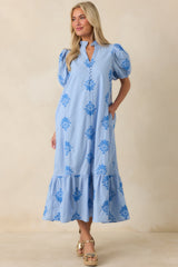 Stroll in the Breeze Sky Blue Embroidered Cotton Puff Sleeve Midi Dress
