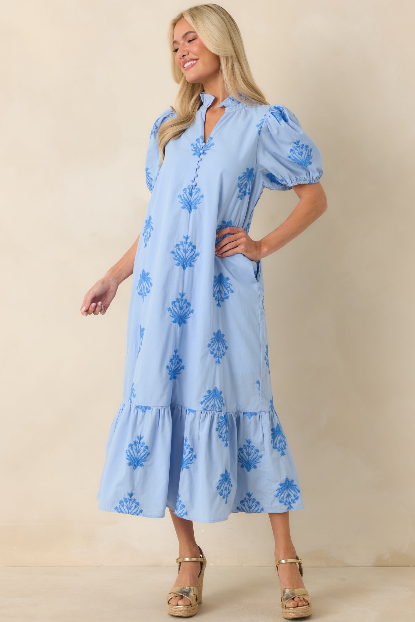 Stroll in the Breeze Sky Blue Embroidered Cotton Puff Sleeve Midi Dress