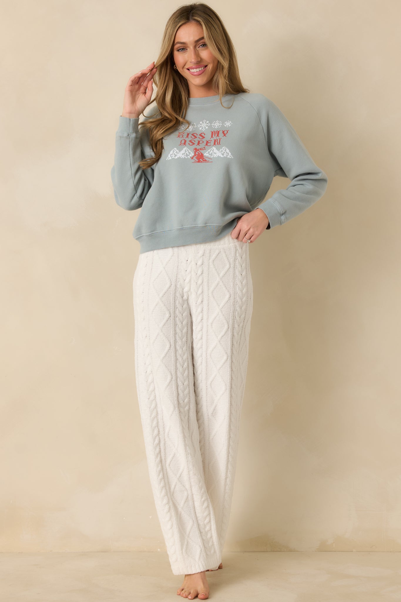Kiss My Aspen Slate Blue Crewneck Ski Sweatshirt