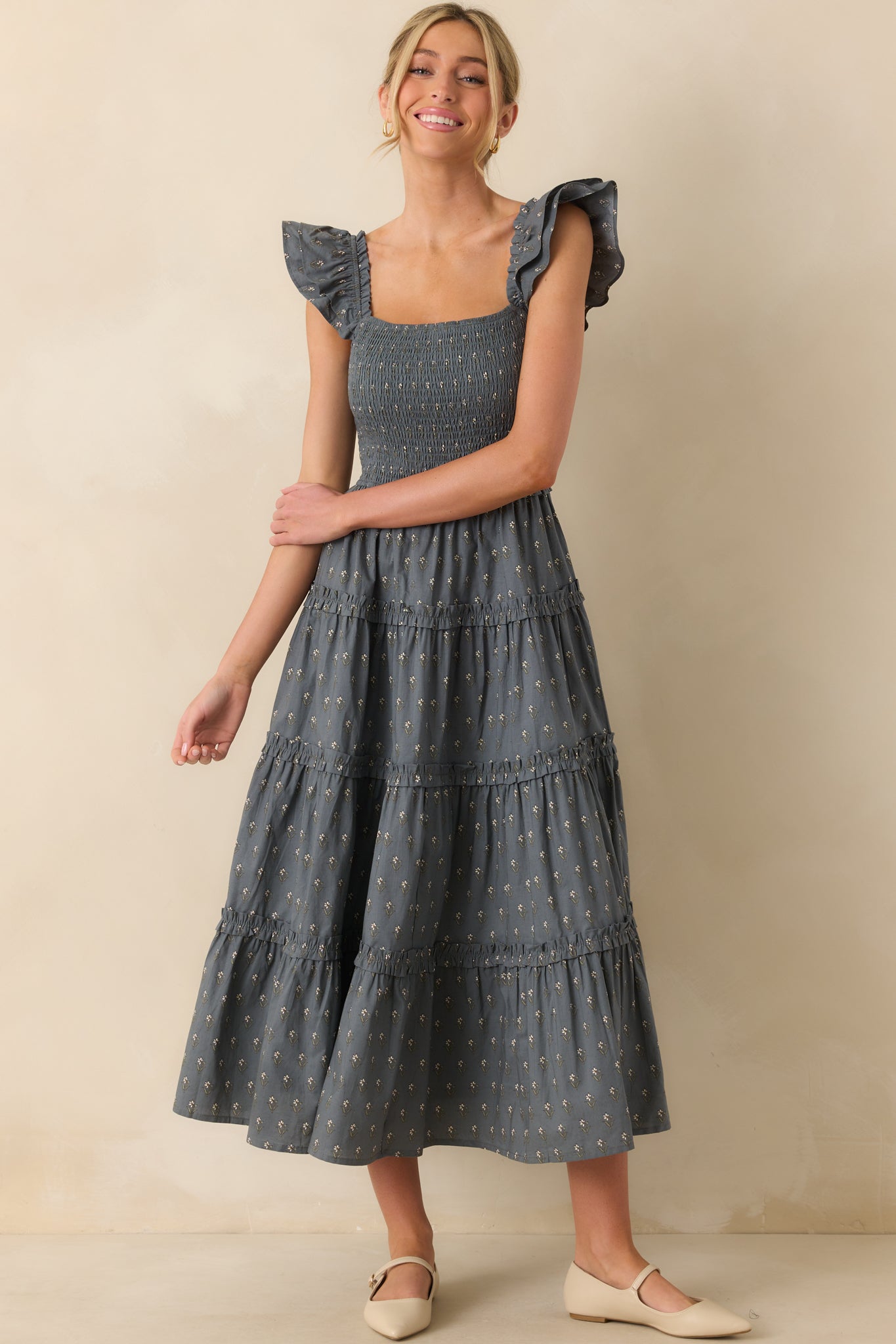 Wildflower Wish Slate Blue Multi Floral Print Cotton Midi Dress
