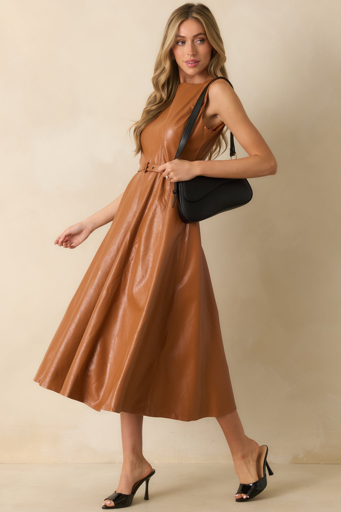 End Of Discussion Caramel Brown Faux Leather Belted Maxi Dress