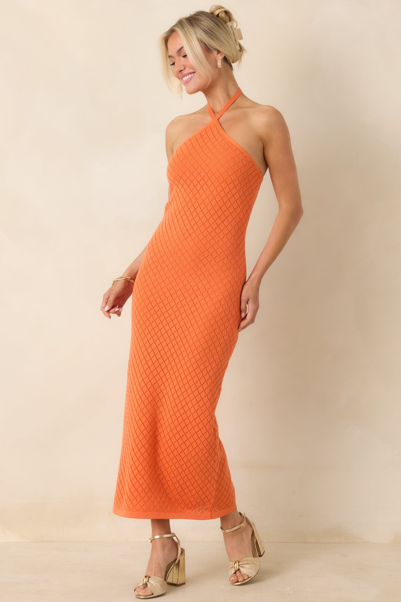 Causing a Heatwave Orange Textured Diamond Knit Halter Midi Dress