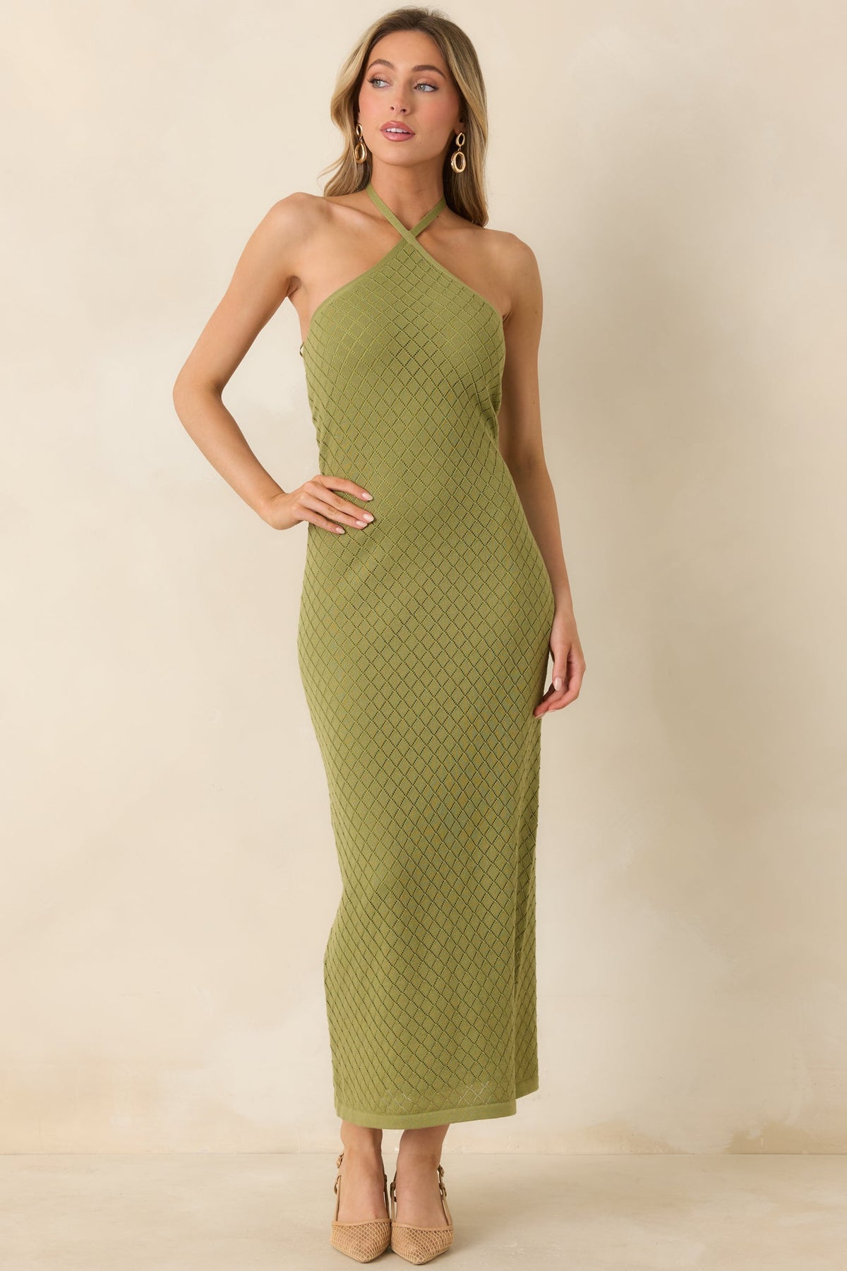Causing a Heatwave Olive Green Textured Diamond Knit Halter Midi Dress
