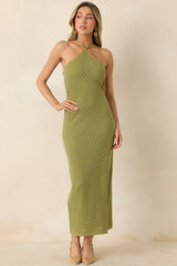 Causing a Heatwave Olive Green Textured Diamond Knit Halter Midi Dress