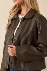 City Limits Chocolate Brown Faux Leather Button Up Jacket