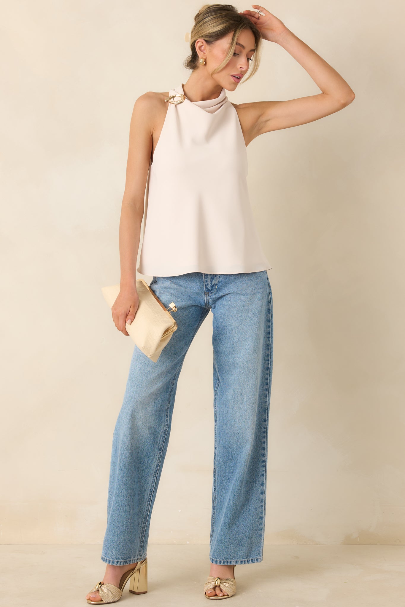 Effortlessly Refined Light Beige Draped Neck Gold Accent Sleeveless Top