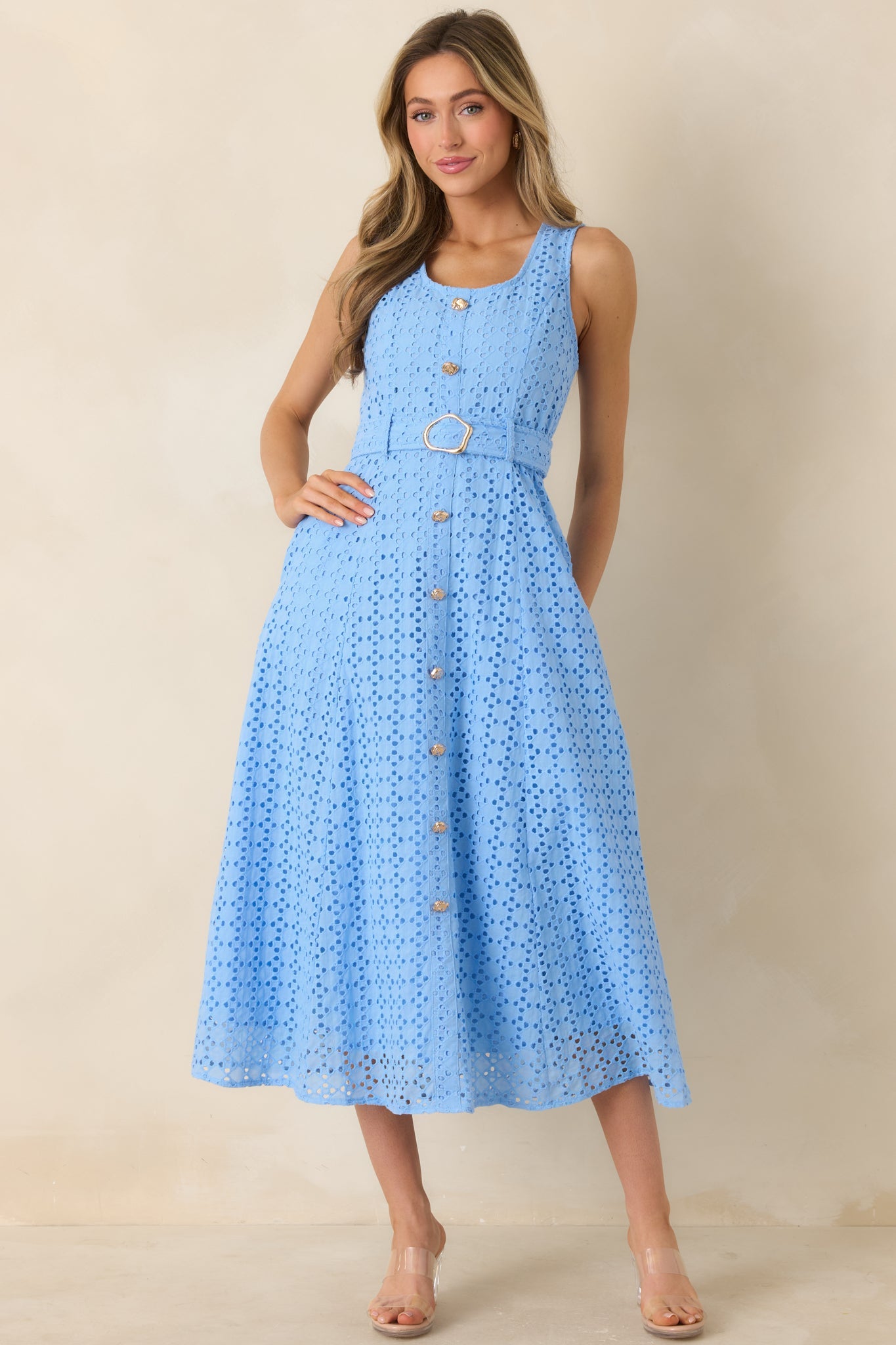 Garden Society Blue Cotton Eyelet Sleeveless Midi Dress