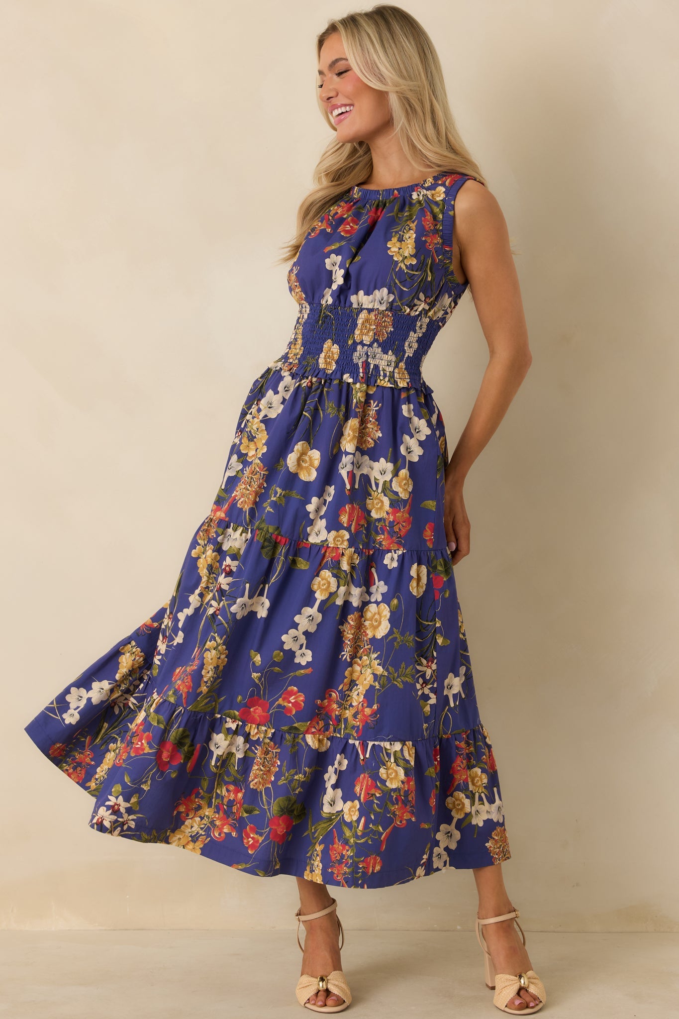 Let's Take a Ride Cobalt Blue Multi Cotton Floral Smocked Sleeveless Maxi Dress