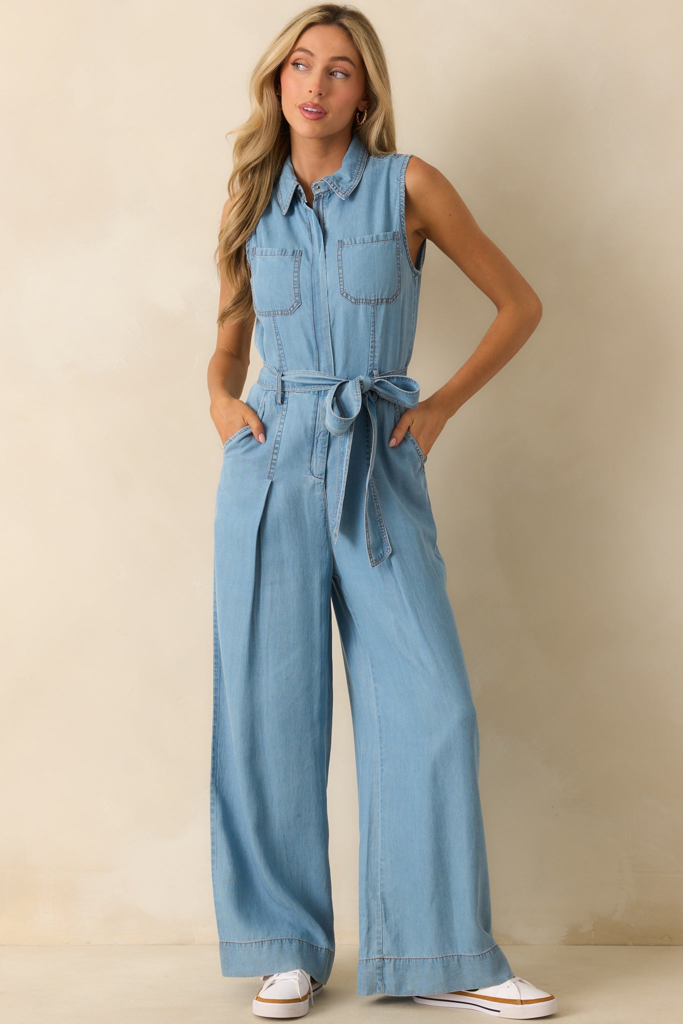 Best Foot Forward Blue Chambray Sleeveless Jumpsuit