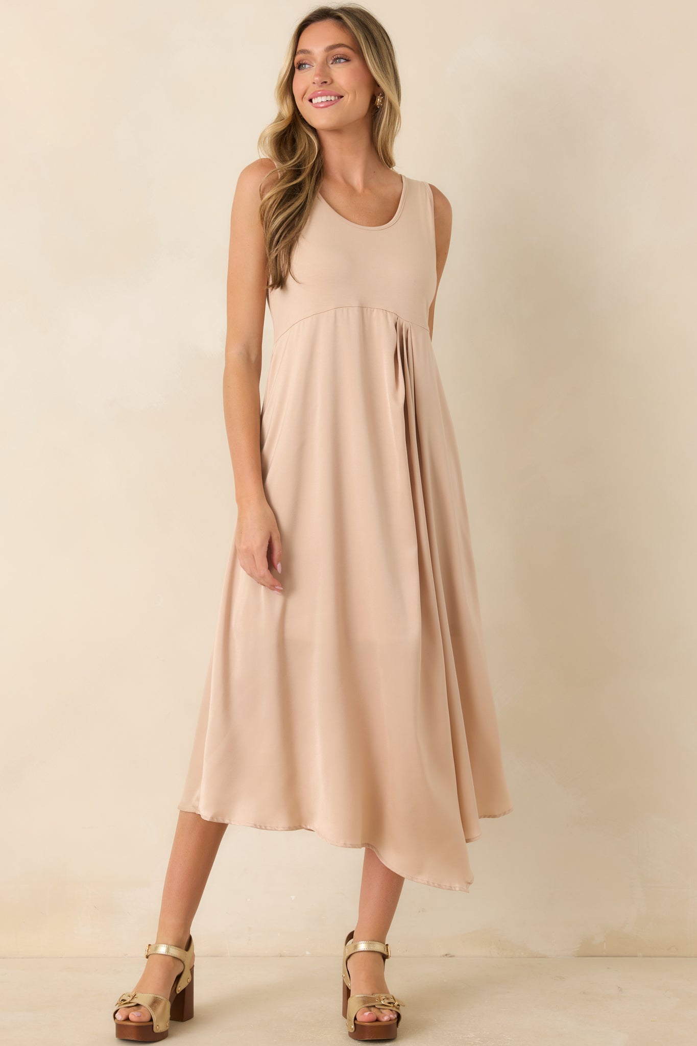 Easy Confidence Champagne Knit & Satin Sleeveless Midi Dress