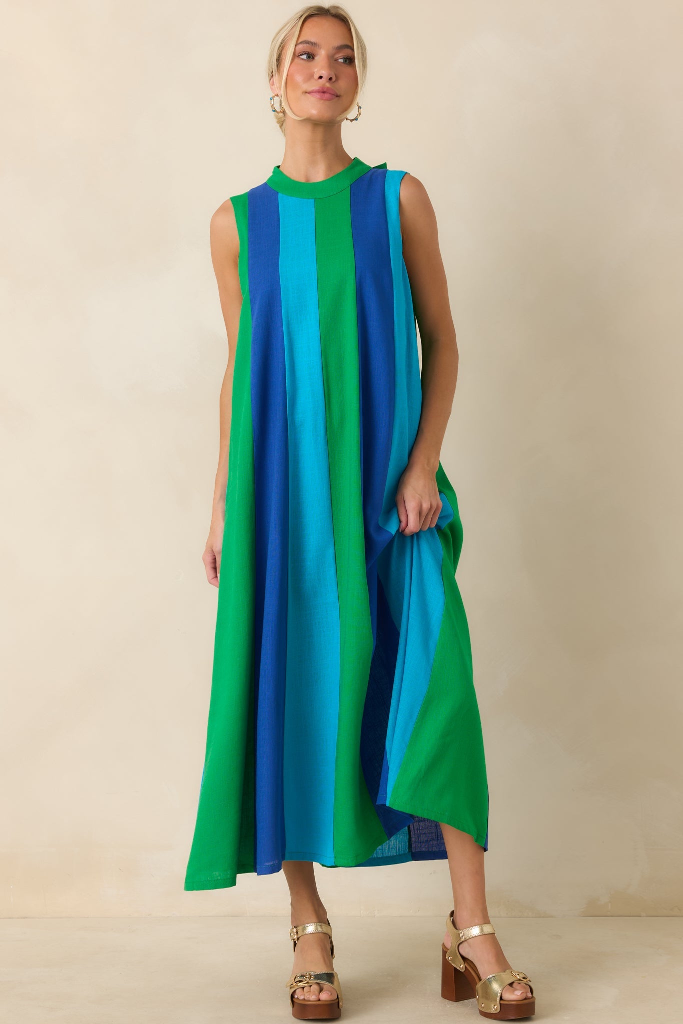 Sunset on Repeat Green & Blue Colorblock Sleeveless Midi Dress