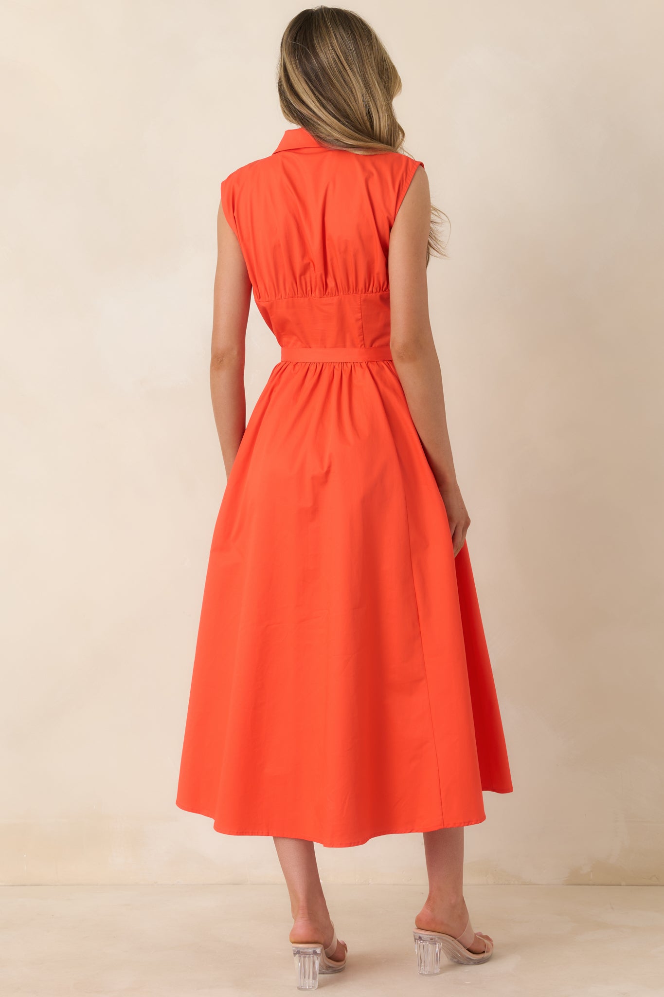 Hello Gorgeous Orange Cotton Belted Sleeveless Midi Dress