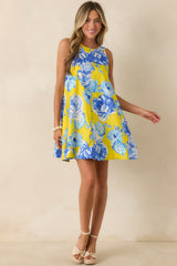 One Fine Day Yellow & Blue Cotton Floral Swing Dress