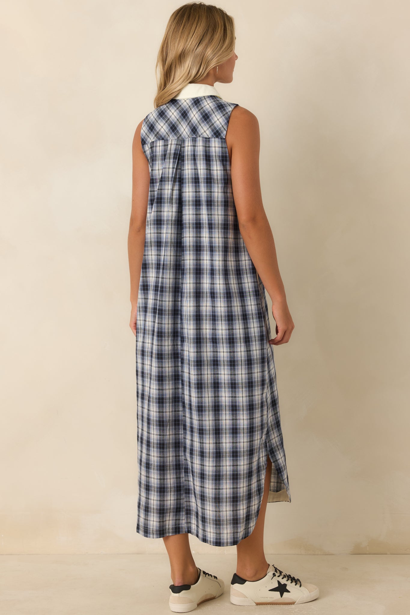 Small Town Story Navy Plaid Cotton Midi Dress
