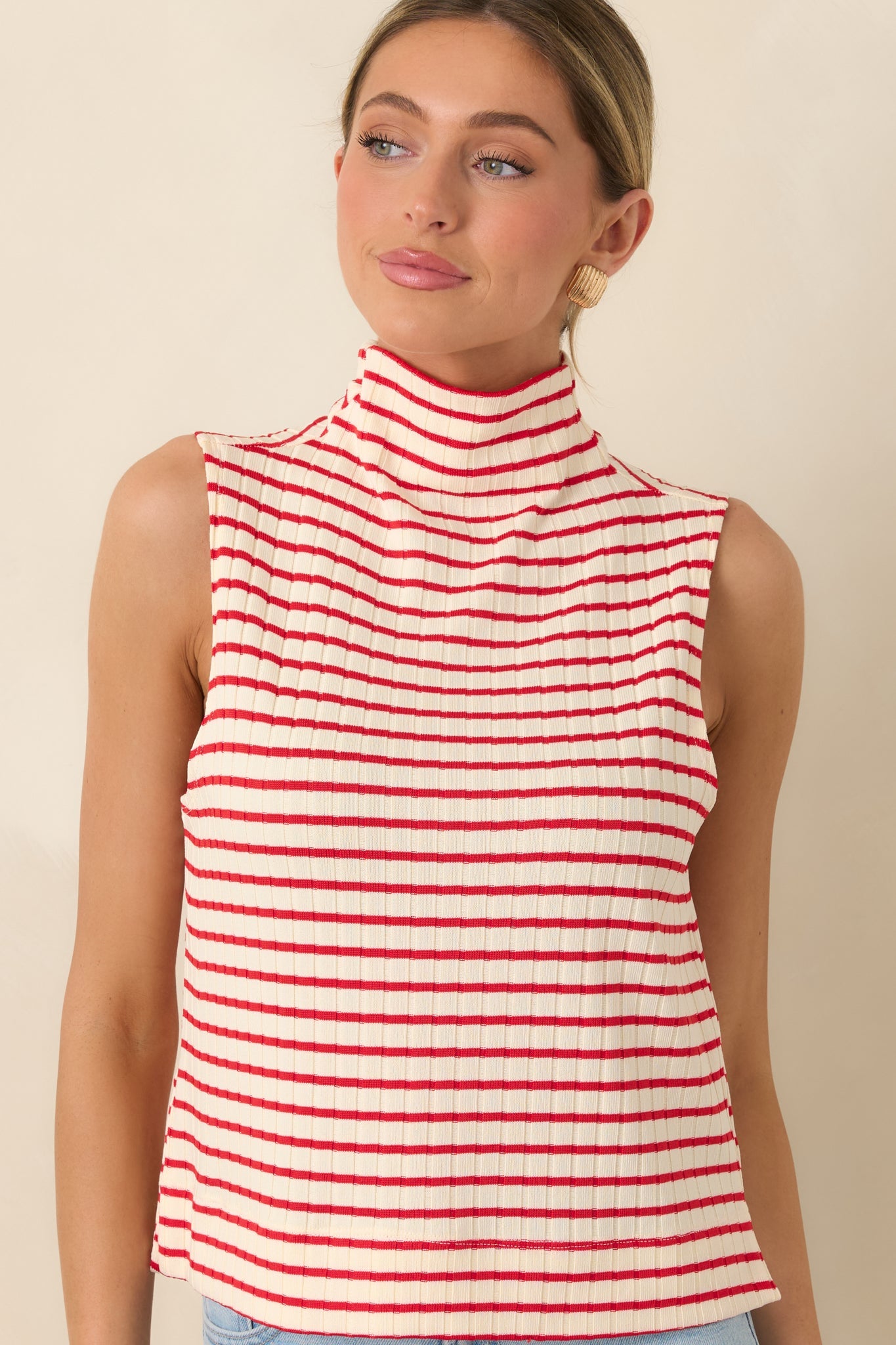 Keep It In Line Red Stripe Mockneck Sleeveless Top