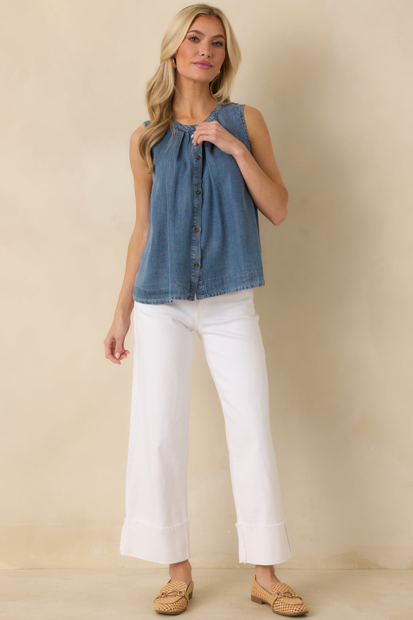 Just Add Sun Denim Button Front Sleeveless Top