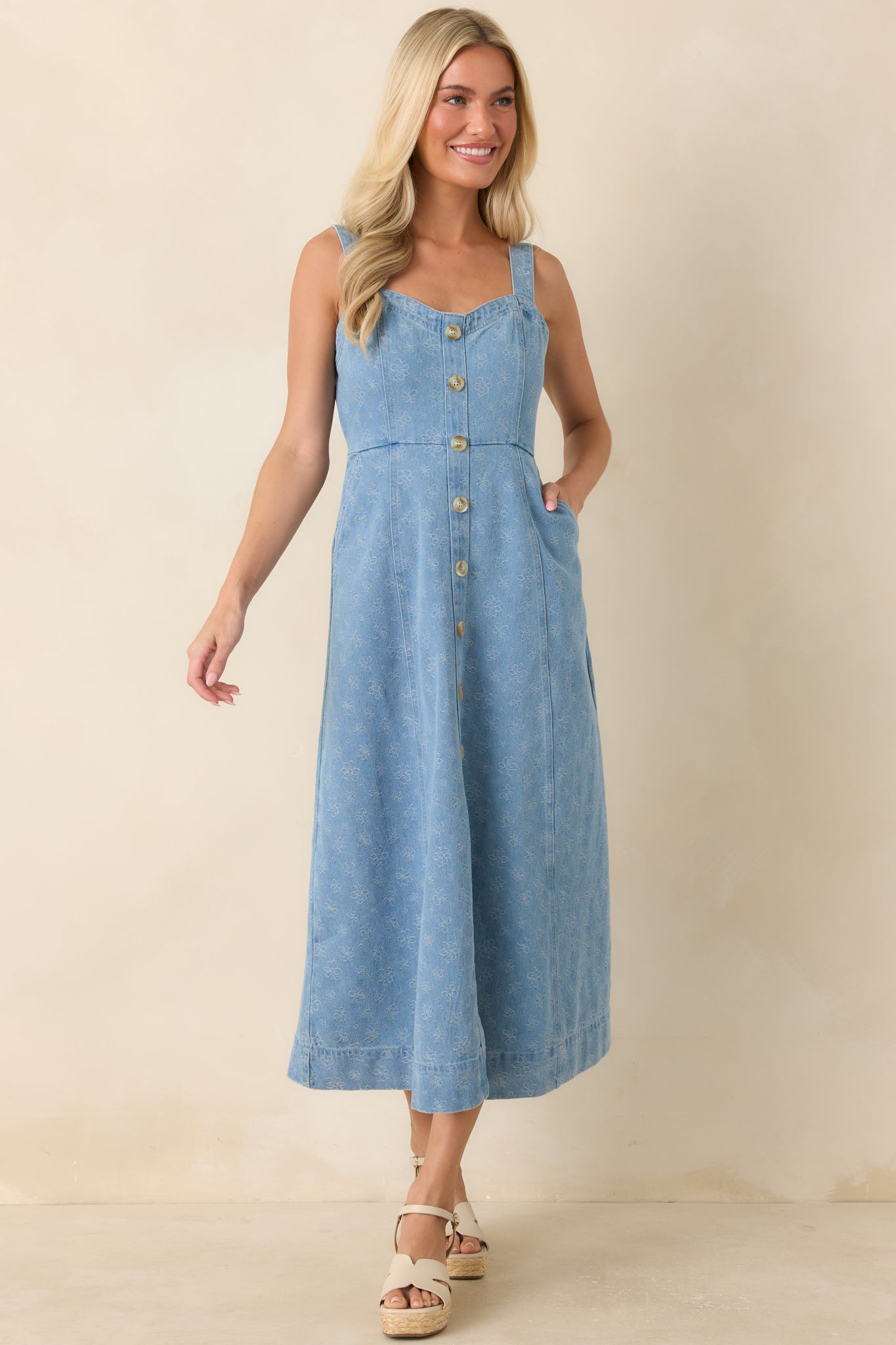 Dreaming in Blue Light Wash Denim Floral Midi Dress
