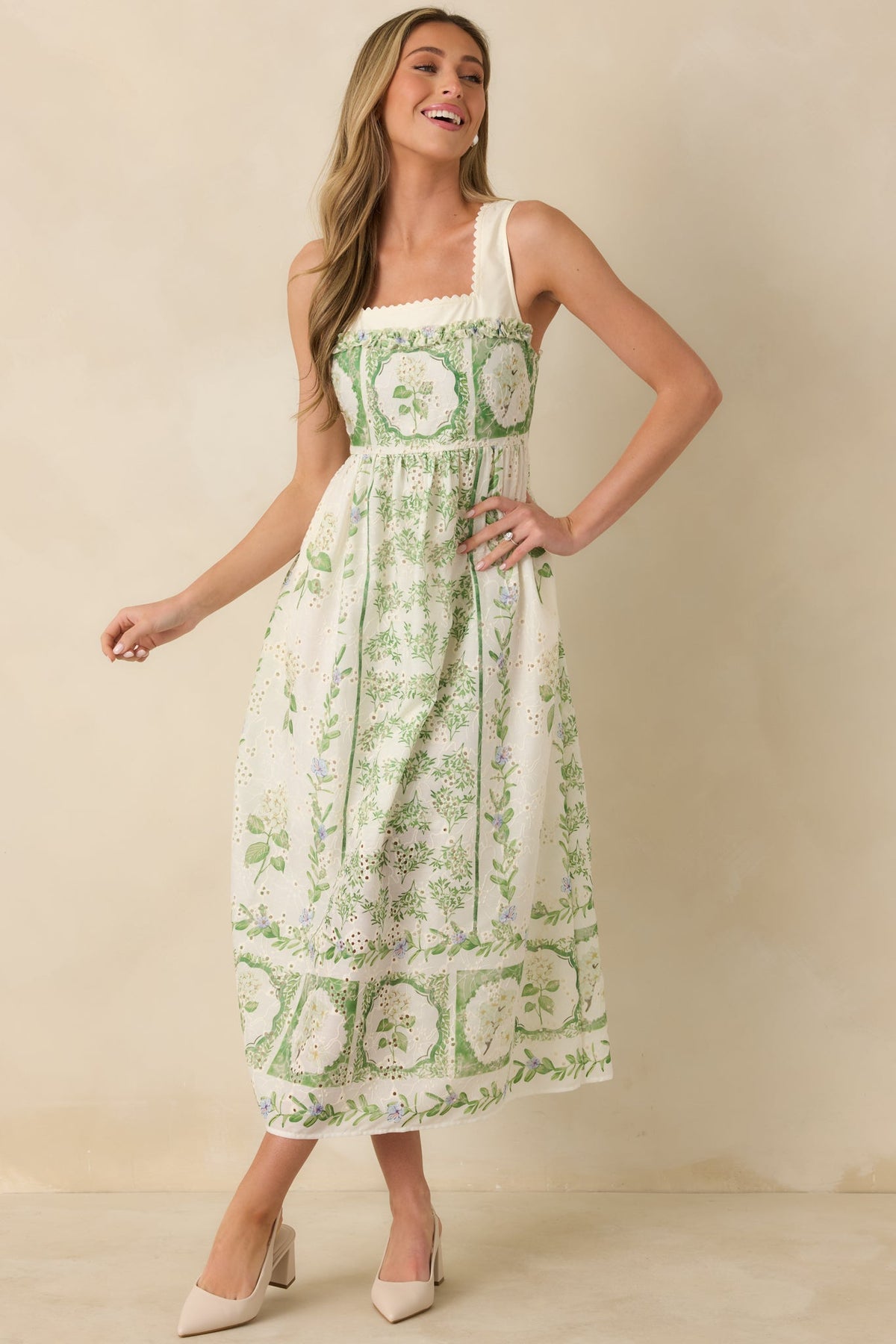 Spring Forward Ivory & Green Floral Eyelet Sleeveless Maxi Dress