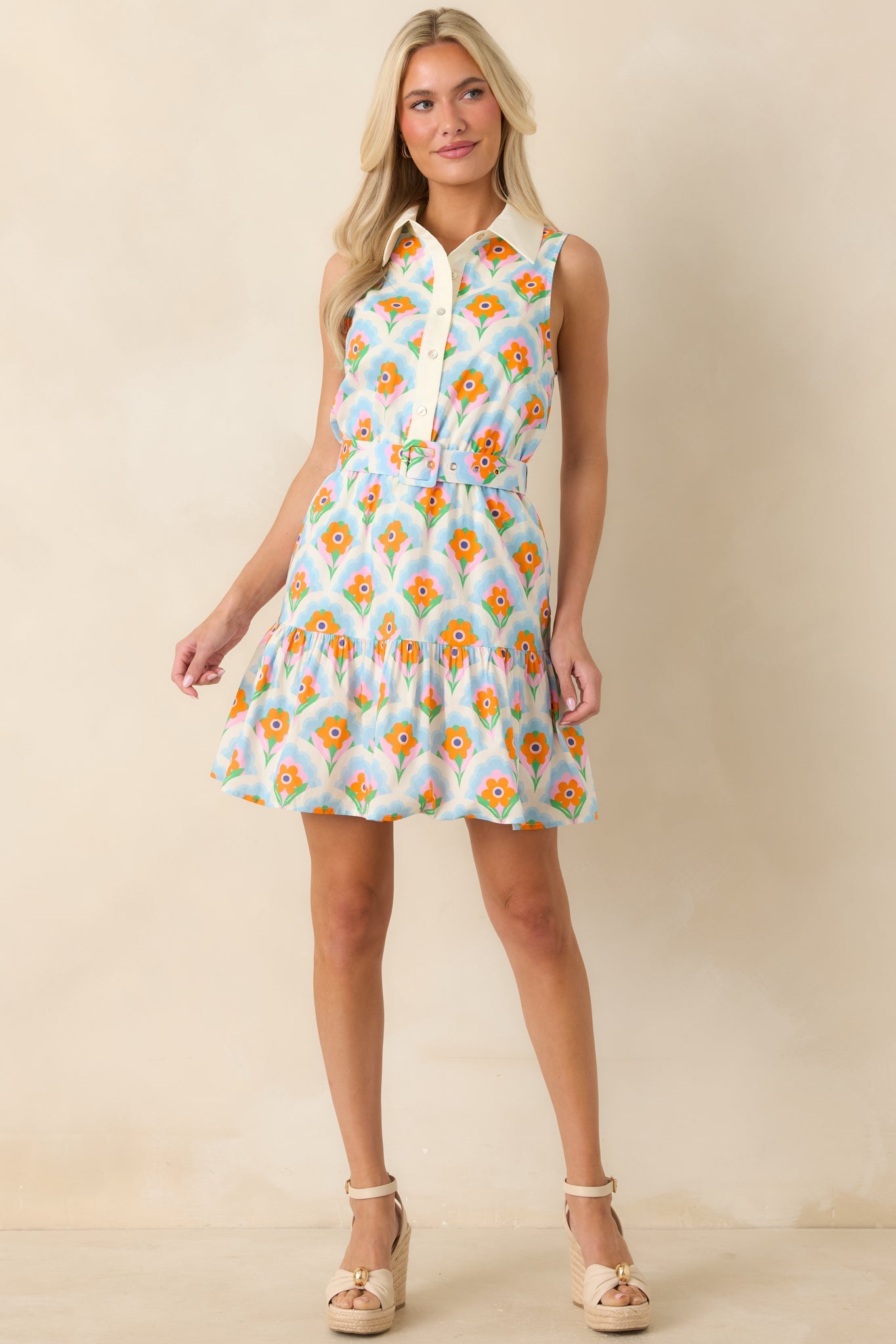 Weekend in Palm Springs Orange & Light Blue Floral Mini Dress