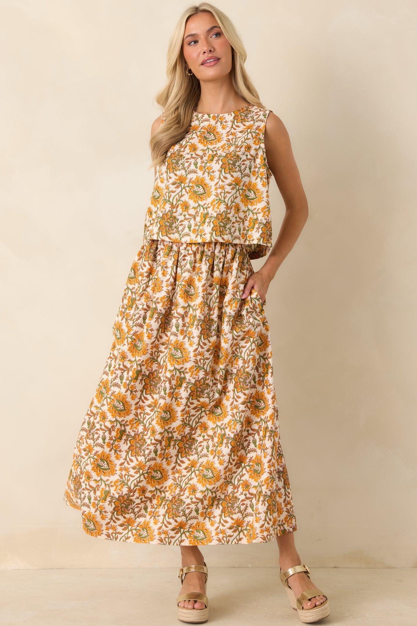 Easy to Love Marigold & Olive Green Floral Cotton Button-Back Top