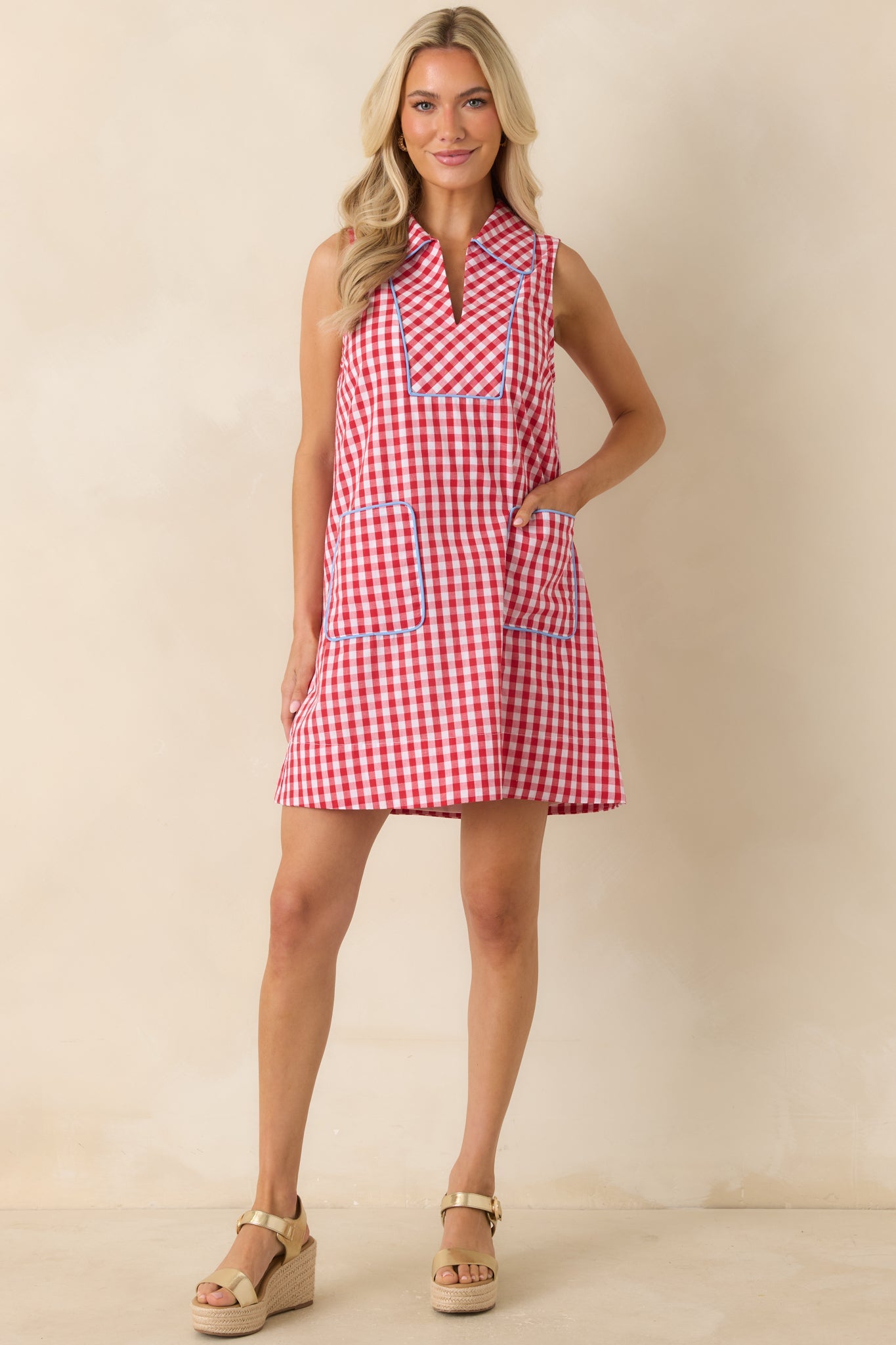 Summer Side Dish Red Gingham Cotton Mini Shift Dress