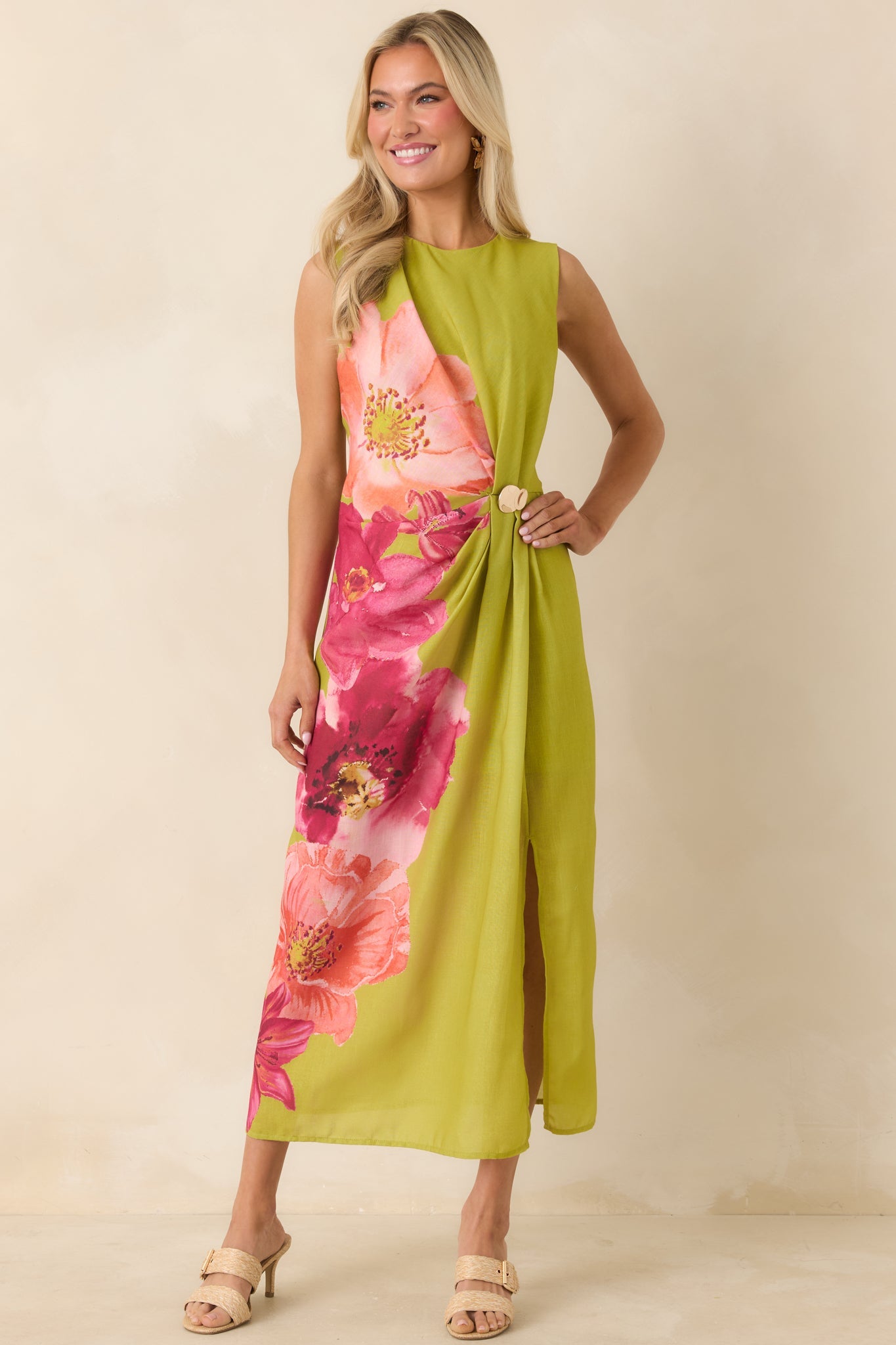 Do a Double Take Chartreuse Multi Floral Print Midi Dress