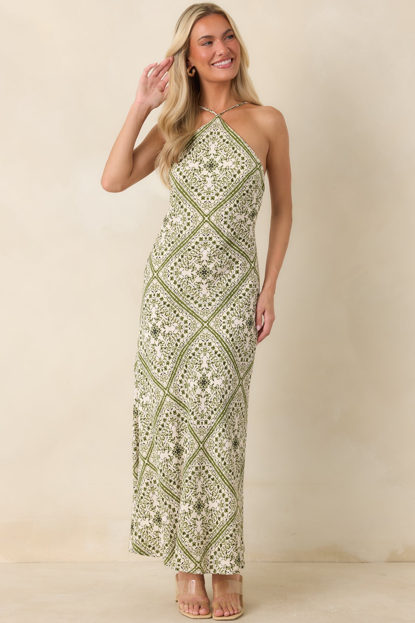 MINKPINK Remi Olive Paisley Bias Midi Dress