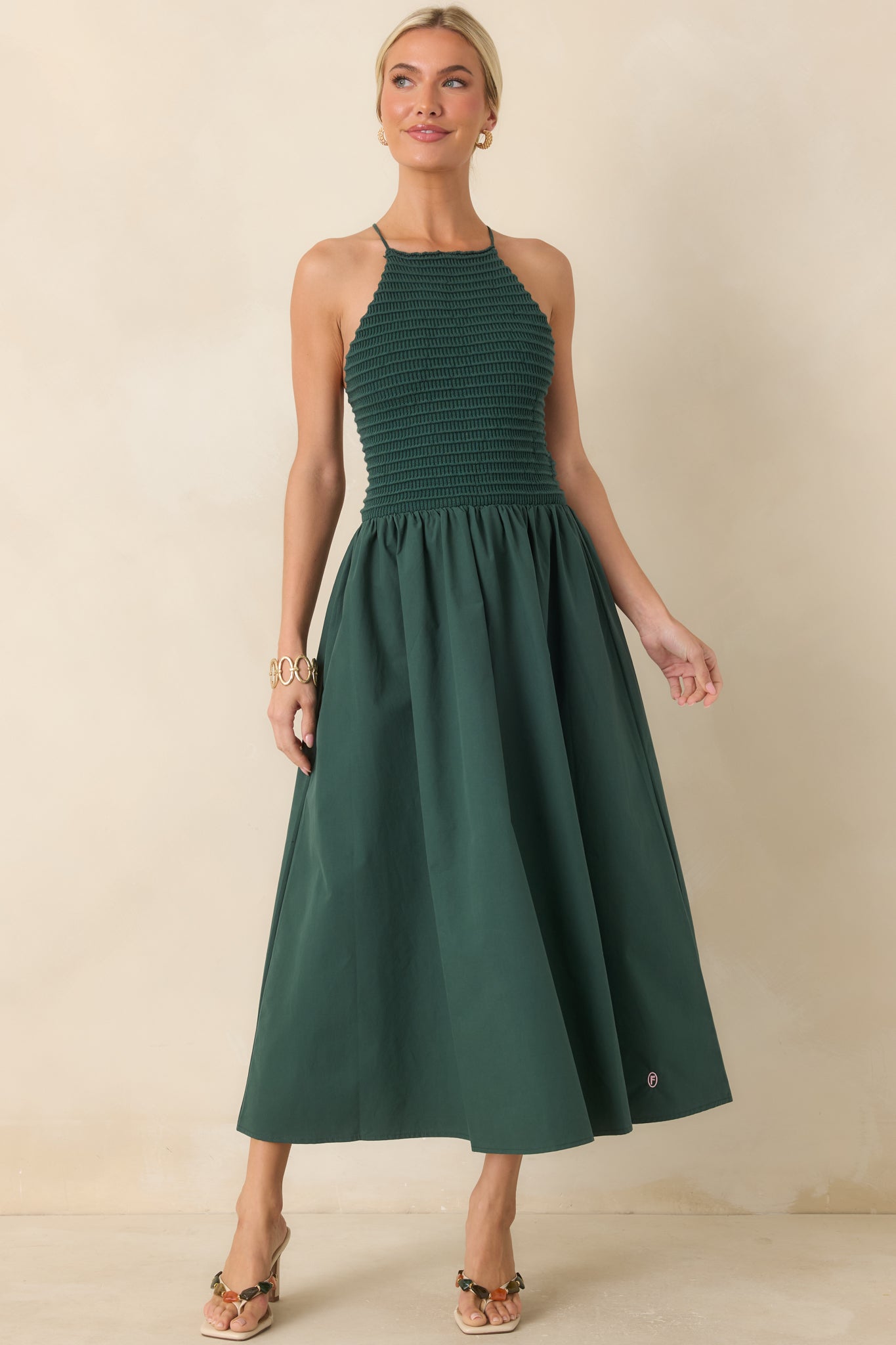 FRNCH Lucia Green Cotton Strappy Knit Bodice Midi Dress