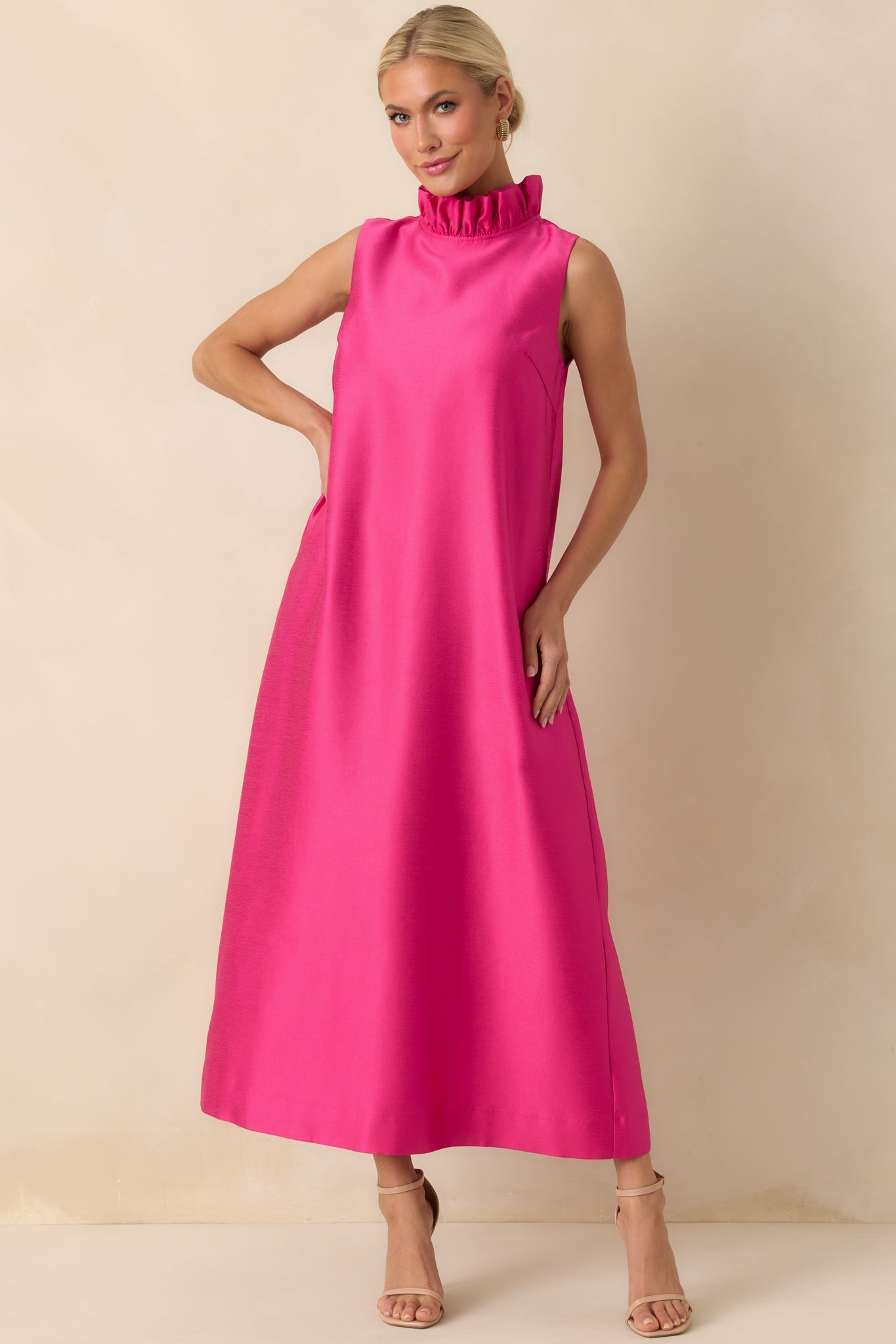 Prosperina Cecily Hot Pink Ruffle Neck Maxi Dress