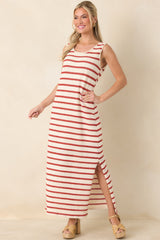 Worth Talking About Red & Ivory Stripe Knit Sleeveless Maxi Dress