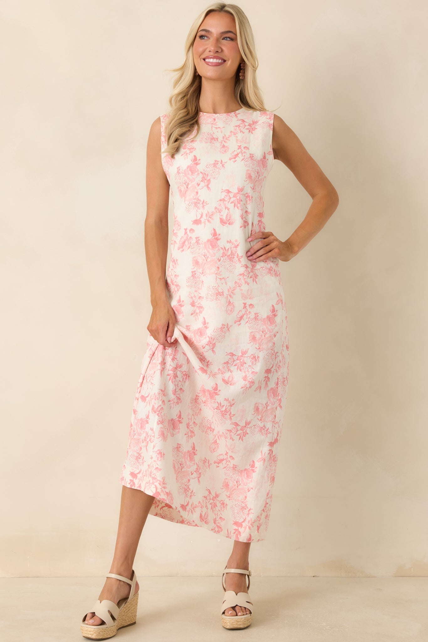 Everything I Imagined Ivory & Pink Linen Blend Floral Maxi Dress