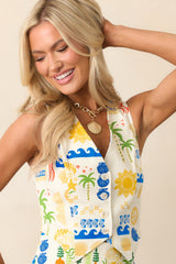 Lighten Up Ivory Tropical Print Button Front Waistcoat Top