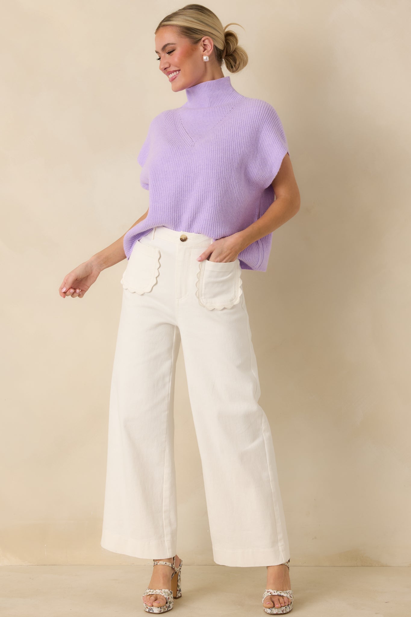 Cool Intentions Lavender Ribbed Knit Mockneck Cap Sleeve Sweater