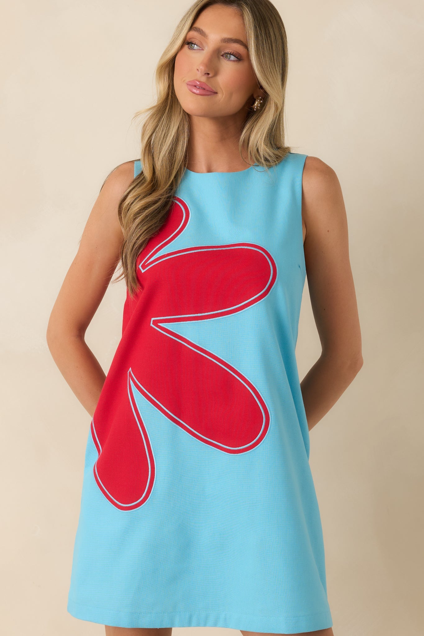 Mood Booster Light Blue & Red Appliqué Mini Shift Dress