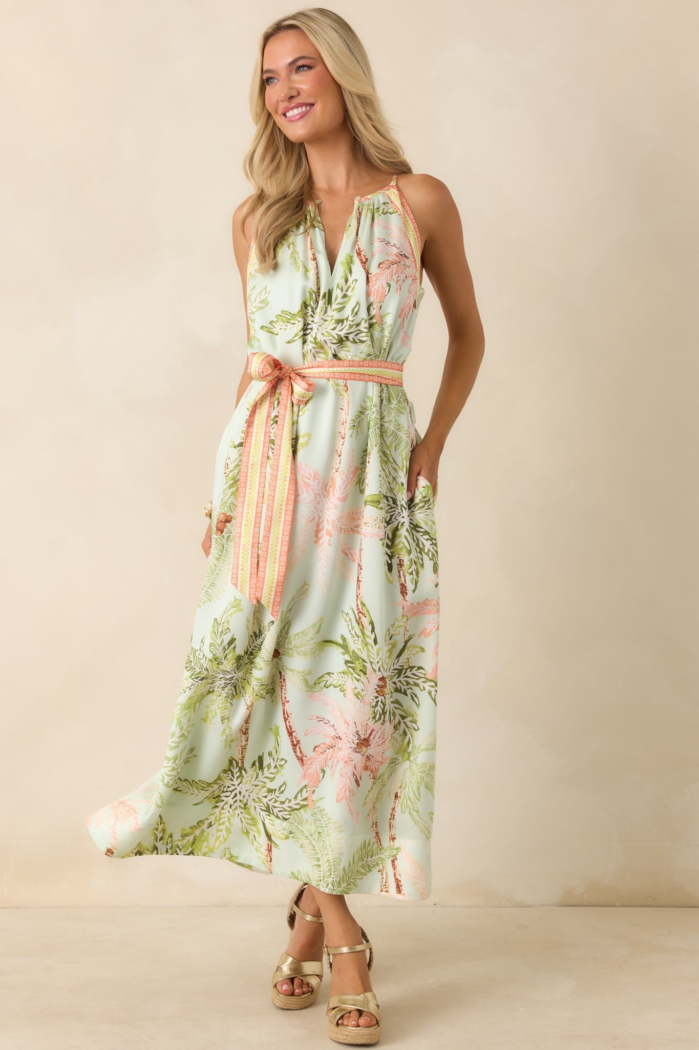 Cabana Morning Seafoam Green Palm Print Maxi Dress