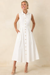 What Can I Say White Cotton Sleeveless Button Front Belted Maxi Dress