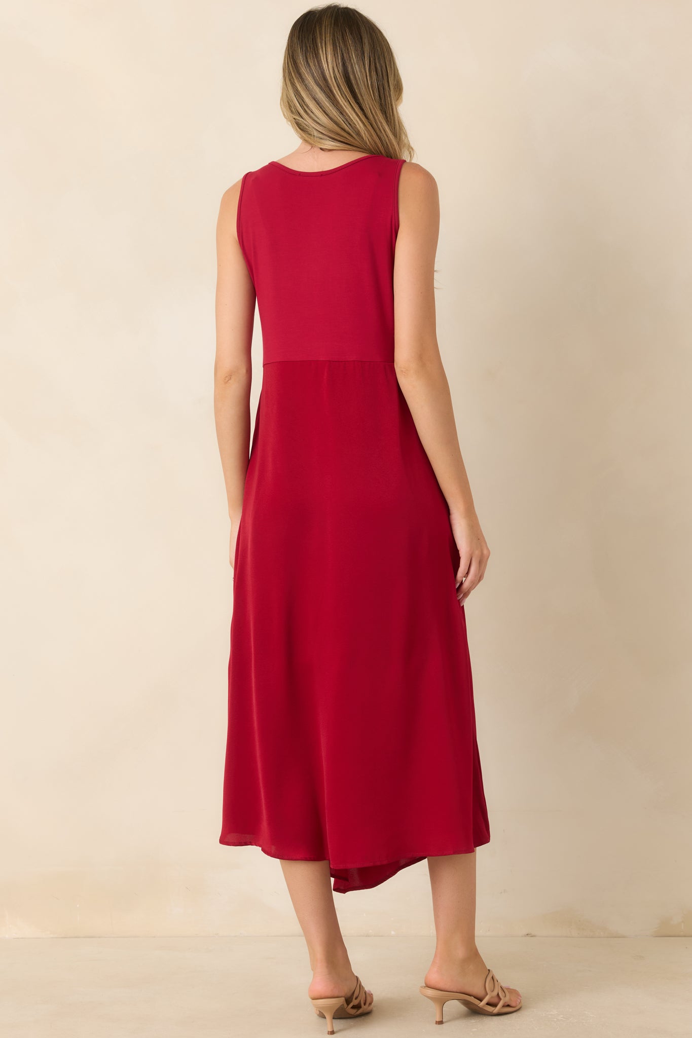 Easy Confidence Red Knit & Satin Sleeveless Midi Dress