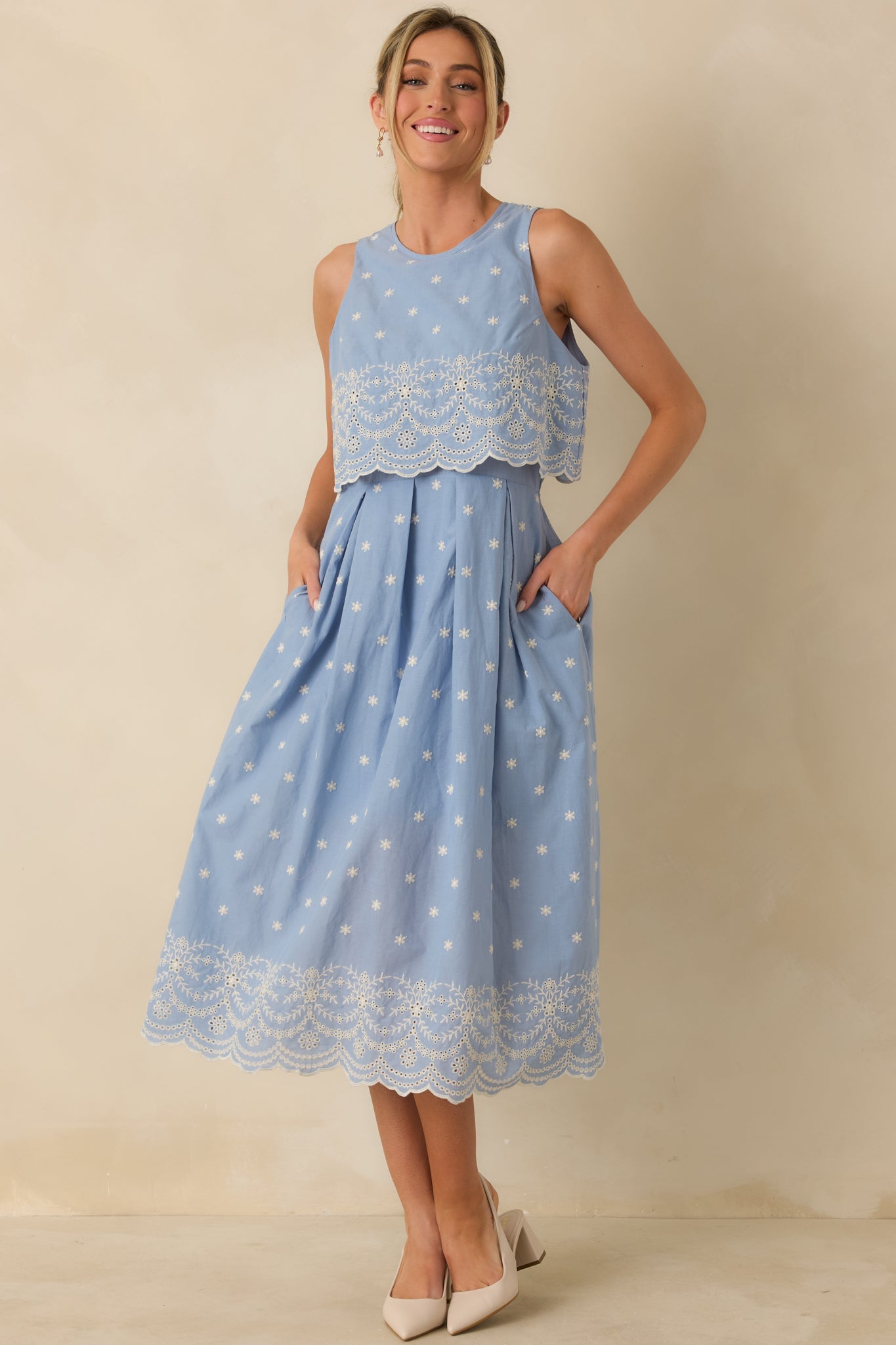 Right Here Waiting Light Blue Cotton Scallop Lace Embroidered Midi Dress