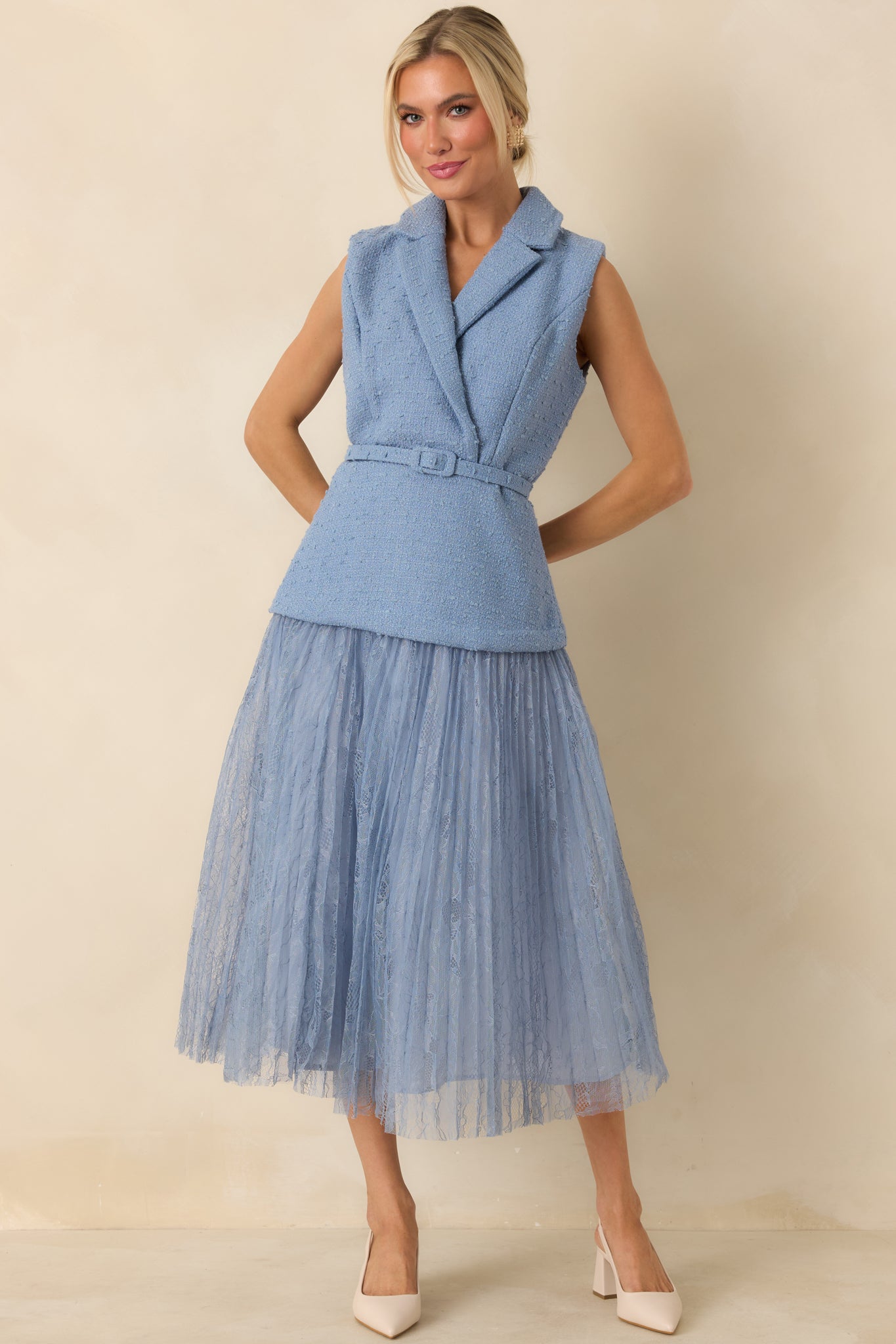 Caught You Smiling Cornflower Blue Textured Woven Belted Lace Midi Dress