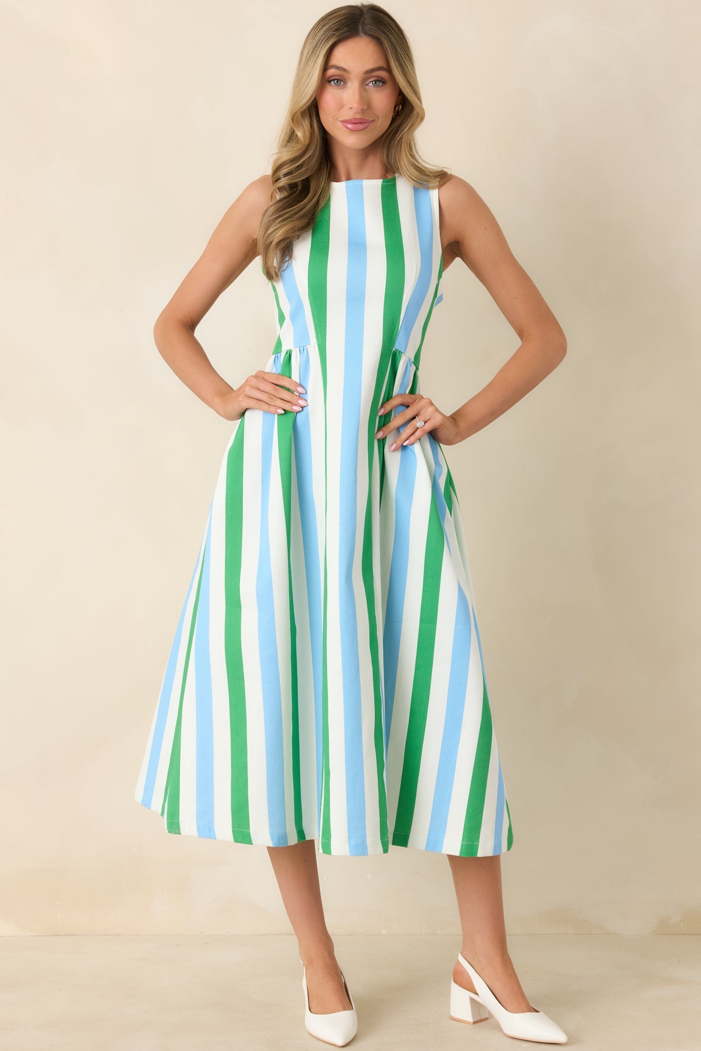 All the Energy Blue Multi Stripe Cotton Sleeveless Midi Dress