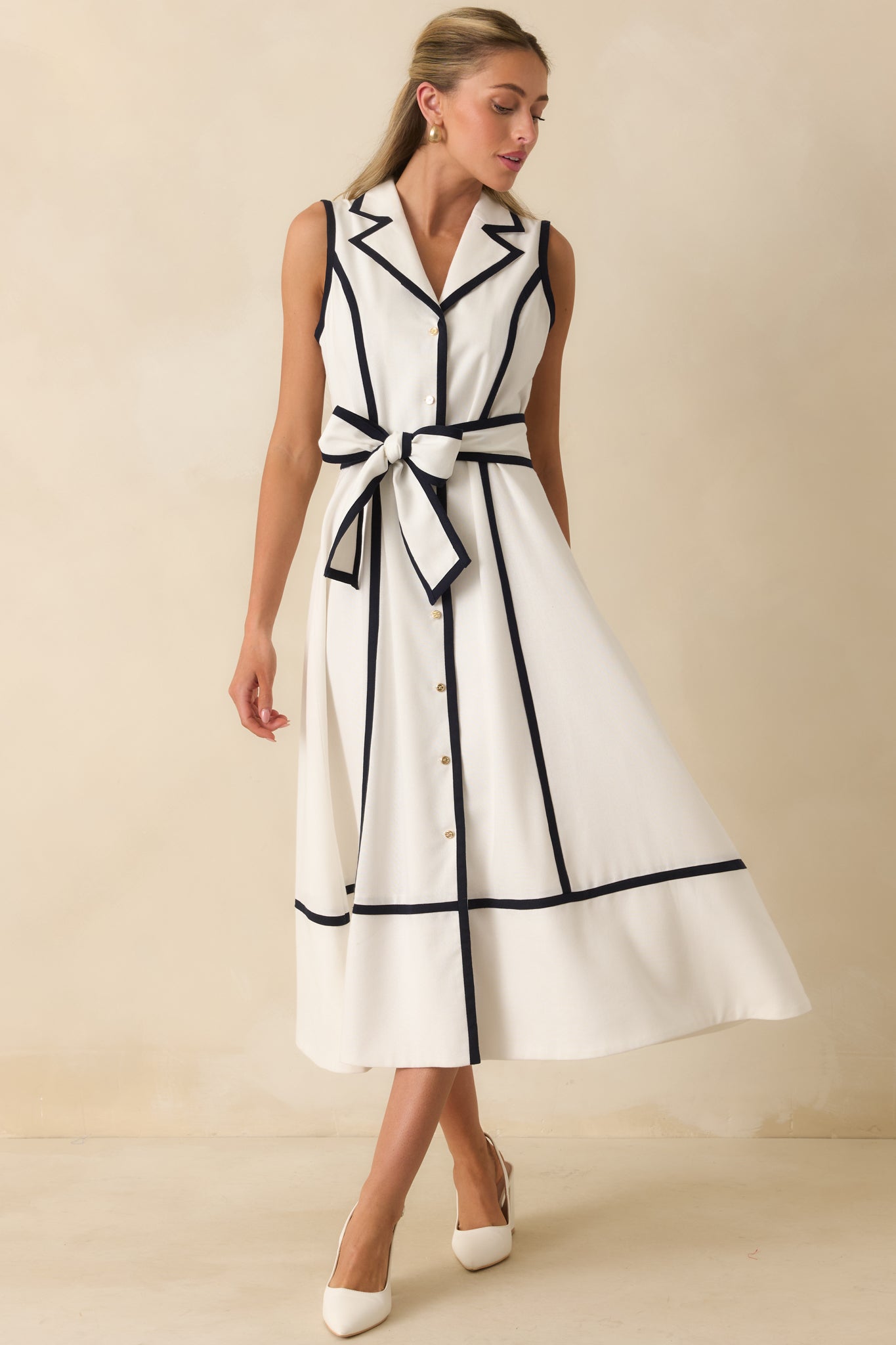 Prosperina Simone White & Navy Contrast Linen Blend Midi Dress