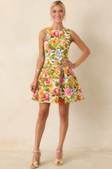 Blooming Bright Multi Floral Cotton Flared Sleeveless Mini Dress