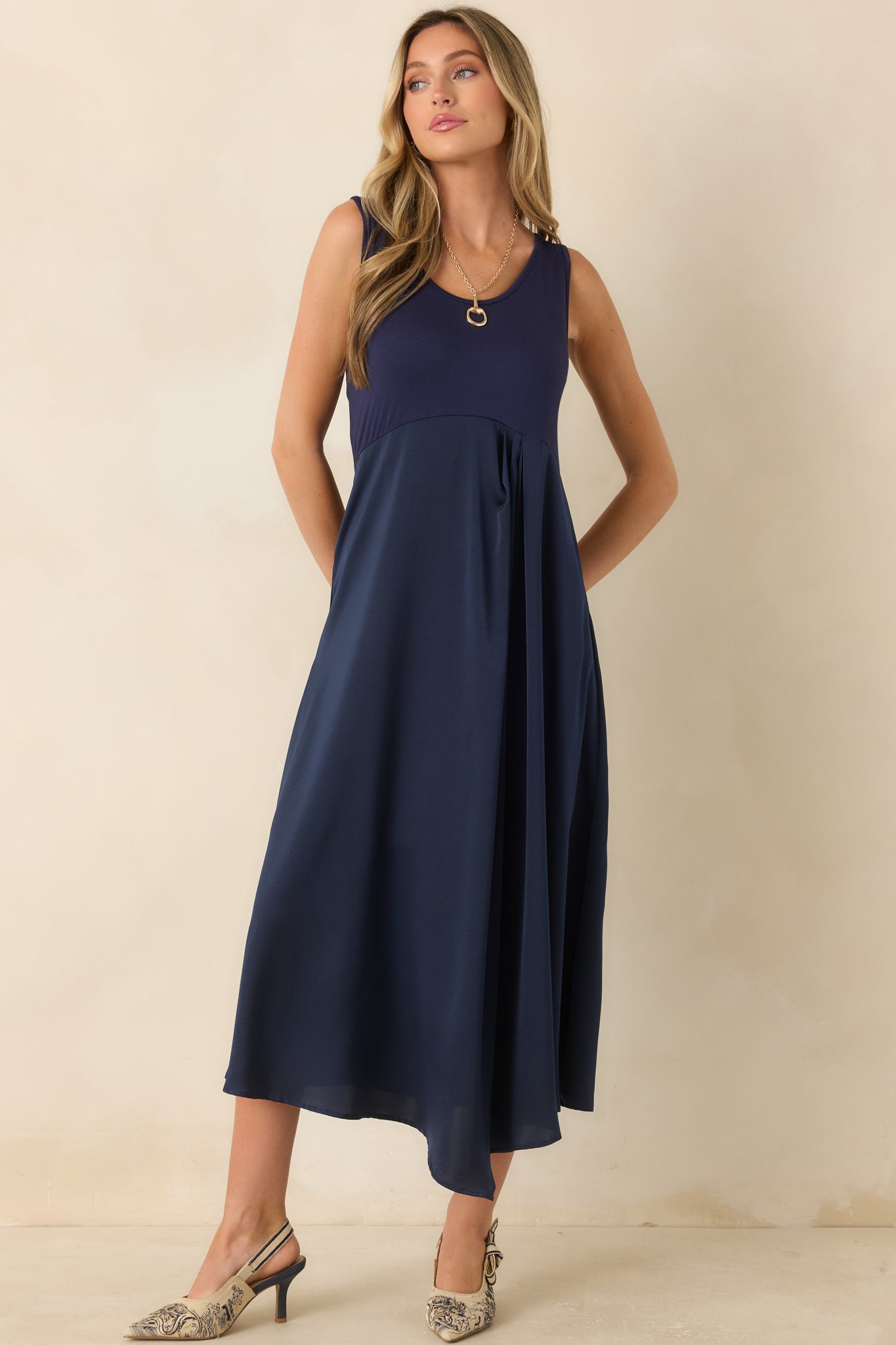 Easy Confidence Navy Knit & Satin Sleeveless Midi Dress