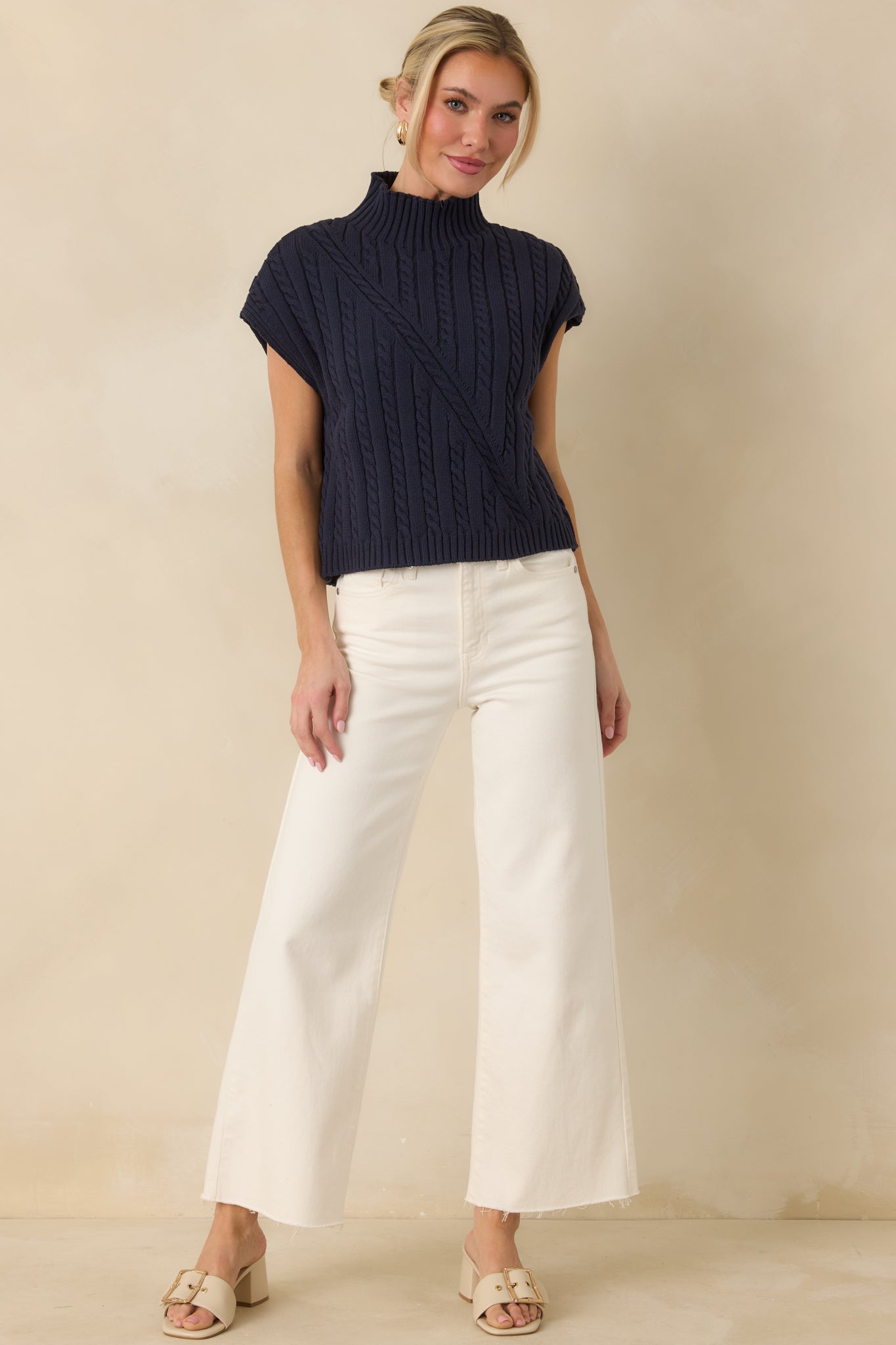 I'm Sure of It Navy Cable Knit Sleeveless Mock Neck Sweater