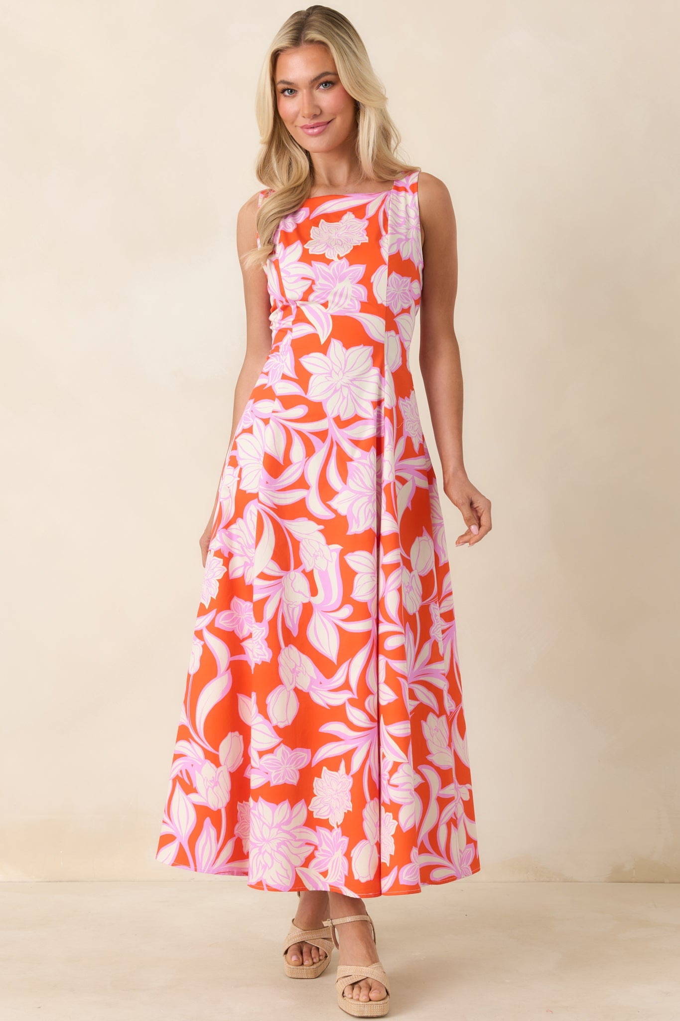 Worth Showing Off Orange & Orchid Pink Floral Tie Back Maxi Dress