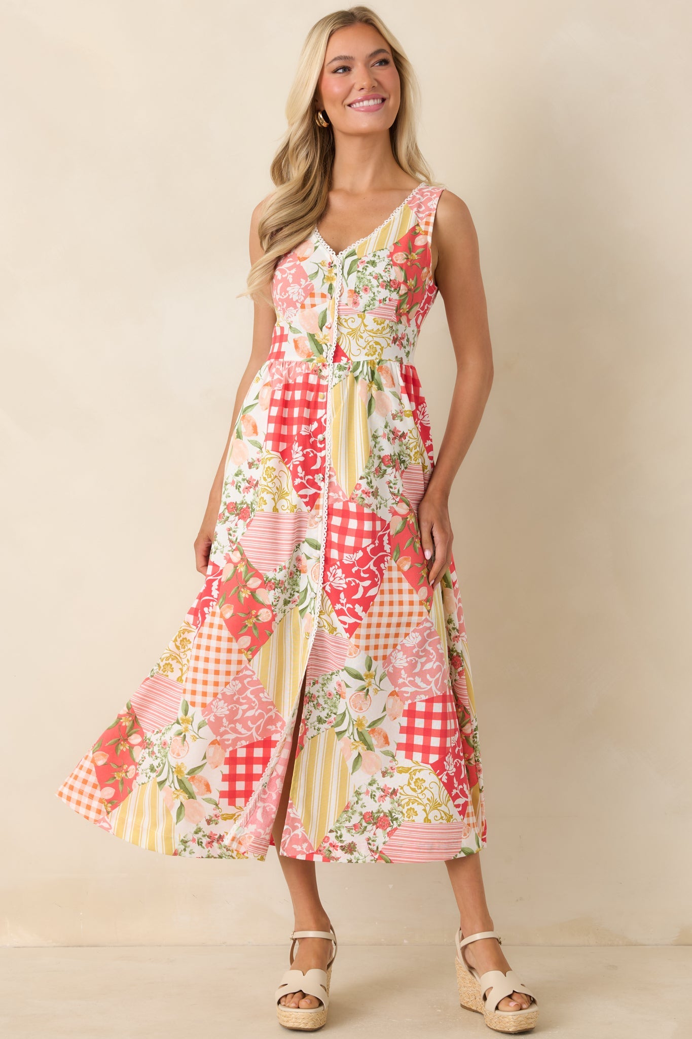Sweet on Sunshine Red Multi Patchwork Print Midi Dress