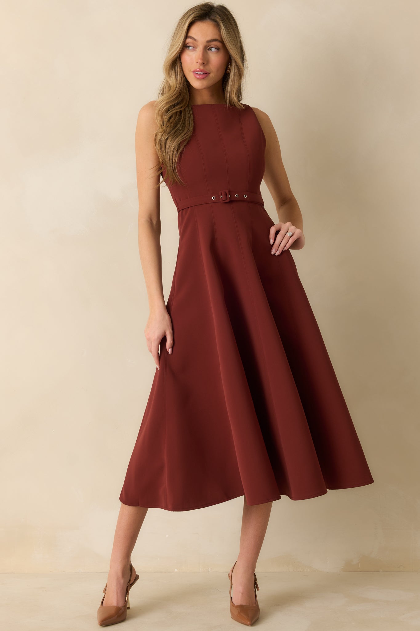 Timely Matter Dark Rust Red Belted Sleeveless Midi Dress